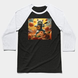 Cat Playing Banjo On Pumpkin Planet Baseball T-Shirt